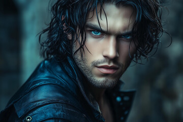 handsome young muscular man with wavy black hair and blue eyes wearing black leather fantasy outfit. The style is romantic fantasy.