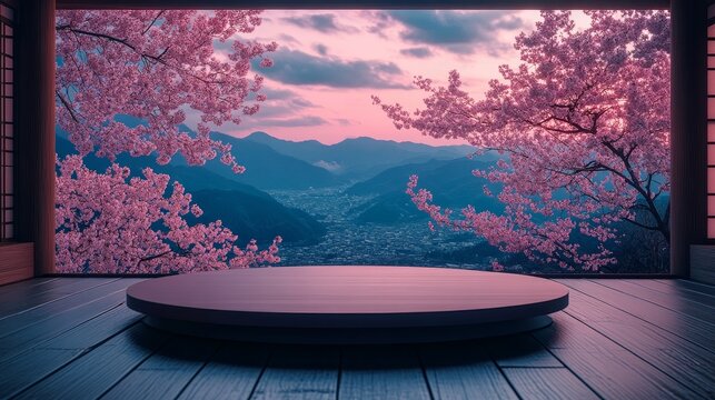 Japanese style podium display product with cherry blossom tree in the mountain view background