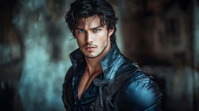 handsome young muscular man with wavy black hair and blue eyes wearing black leather fantasy outfit. The style is romantic fantasy.