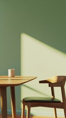 Minimalist design of a wooden table and chair on the background of green walls