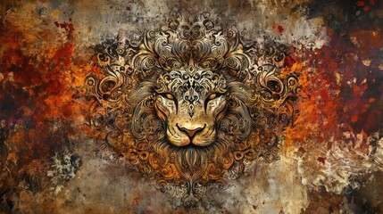The zodiac symbol for Leo, depicted in intricate gold detail, placed on a bold, abstract background with fiery textures