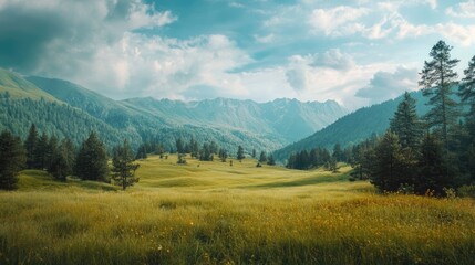 Obraz premium Mountain Meadow with Lush Green Grass and Pine Trees