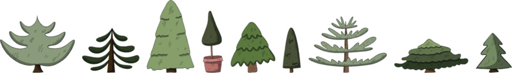 Fototapeta premium Hand drawn set of different christmas tree. perfect and easy for clipart