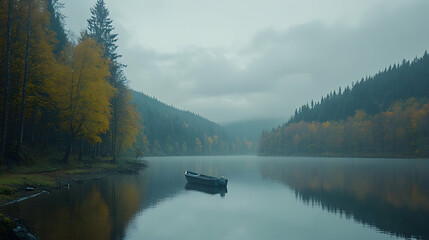 Misty Lake with Rowboat, forest, trees, water, autumn, fall