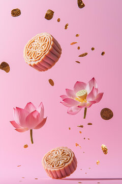 Chinese mooncakes with a lotus flowers and golden confetti floating leviating in the air, motion, on a smooth solid pastel pink background, soft shadows. minimalistic modern trendy food photography 