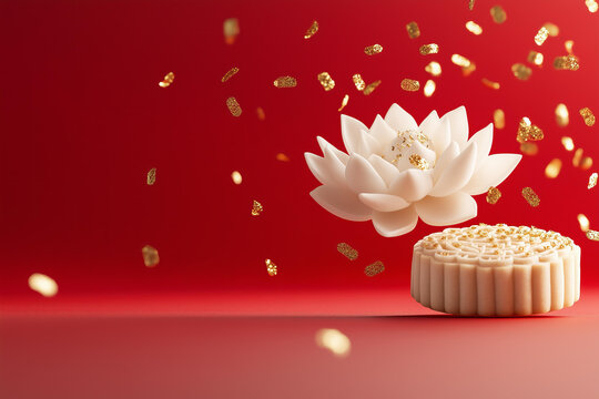 
Chinese mooncakes with a lotus flowers and golden confetti floating leviating in the air, motion, on a smooth solid red background, soft shadows. minimalistic modern trendy food photography 