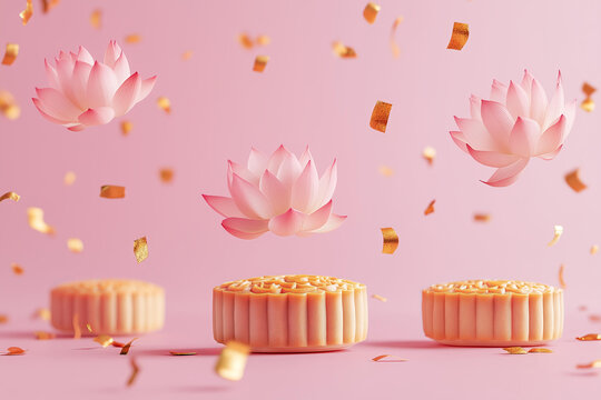Chinese mooncakes with a lotus flowers and golden confetti floating leviating in the air, motion, on a smooth solid pastel pink background, soft shadows. minimalistic modern trendy food photography 