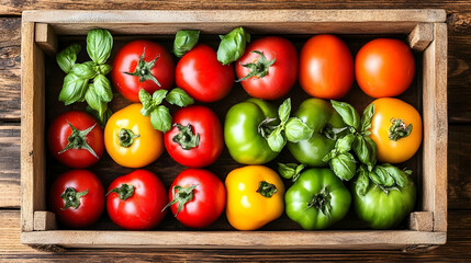 Fresh Red, Yellow, Green Tomatoes in a Wooden Crate, red tomatoes, yellow tomatoes, fresh tomatoes, tomatoes in a crate, tomatoes in a box
