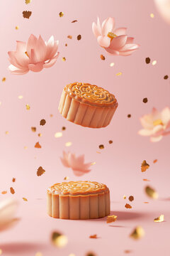 Chinese mooncakes with a lotus flowers and golden confetti floating leviating in the air, motion, on a smooth solid pastel pink background, soft shadows. minimalistic modern trendy food photography 