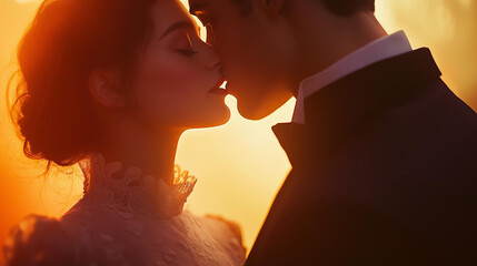young woman kissing a man in a suit, a romantic scene, with elegant , a close-up, in a romantic style