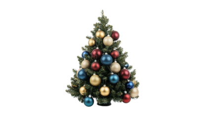 Christmas tree in a pot decorated with colorful balls, created with Generative AI technology, PNG