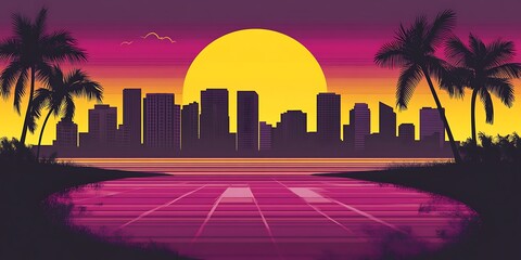 This retro art photo captures the essence of a tropical city at sunset, with the silhouette of palm trees and cityscape creating a colorful and vibrant scene