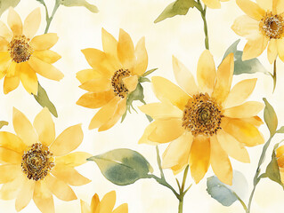 Simple watercolor sunflowers with minimal details, soft yellow petals on a pale cream background, seamless design
