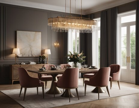 	
a high-quality 3D render of an elegant dining area, emphasizing sophistication and comfort. Incorporate a stylish dining table, comfortable chairs, and a statement chandelier.