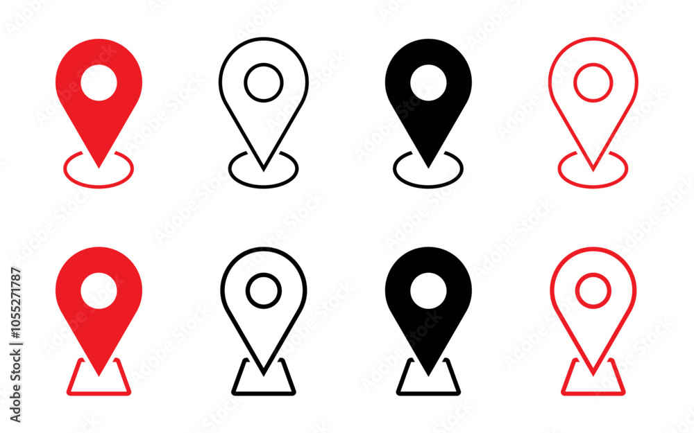 Poster location icon set map pointer pin sign symbol red black outline destination icon place address navig