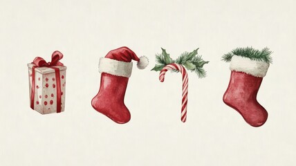 Watercolor Christmas set,Christmas decoration element,Surprise winter holiday realistic objects,Decoration elements for greeting cards banners,Merry Christmas and happy new year greeting concept.