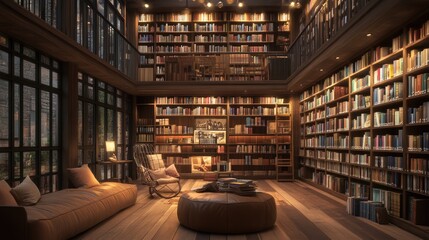 Cozy Library Interior with Large Bookcases