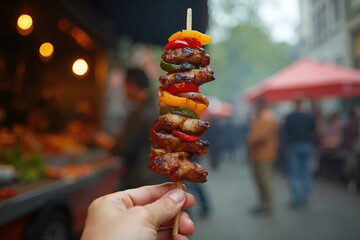 A tourist influencer vlogging his travels, sampling tasty local cuisine, showing his hand holding a grilled meat and vegetable kebab on a skewer, bought from food vendors along a street in the city.