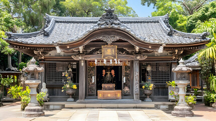 Fototapeta premium Traditional Japanese Shrine with Stone Lanterns, Shinto shrine, temple, traditional architecture, wooden architecture, pagoda