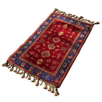 A magic carpet with purple and red patterns, the edges have tassels on them isolated on a transparent background