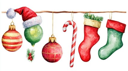 Watercolor Christmas set,Christmas decoration element,Surprise winter holiday realistic objects,Decoration elements for greeting cards banners,Merry Christmas and happy new year greeting concept.