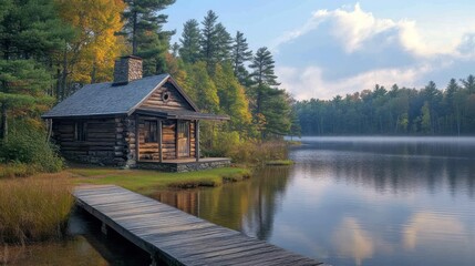 Fototapeta premium A rustic log cabin sits on the shore of a calm lake, with a wooden dock leading to the water. The trees are in their autumn colors, and the sky is a mix of blue and white clouds.
