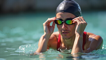 Female swimmer adjusting goggles in open water Triathlon Swim