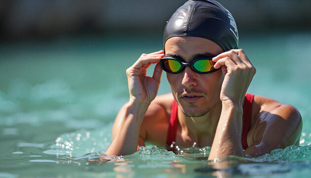 Female swimmer adjusting goggles in open water Triathlon Swim