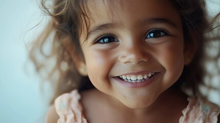 Close-up of a happy child with a big smile, captured beautifully under soft natural lighting, showcasing innocence and joy.