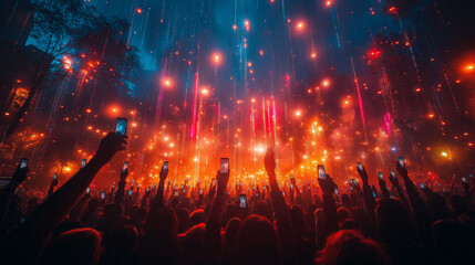 People taking photographs with smart phone during a public music concert