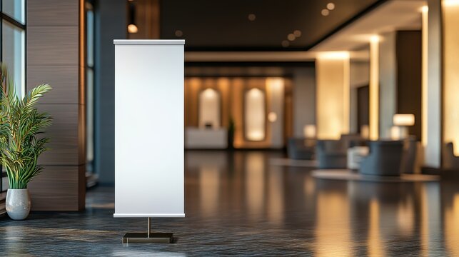 A clean, retractable banner mockup stands in an upscale hotel lobby featuring chic decor