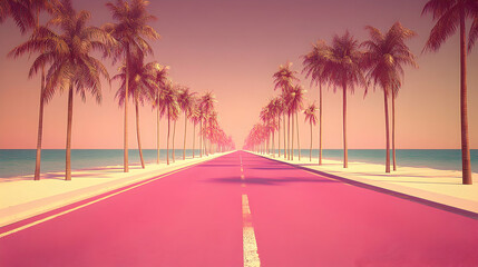 Palm Tree Lined Road Leading to the Horizon, Palm trees, tropical, beach, ocean, sunset