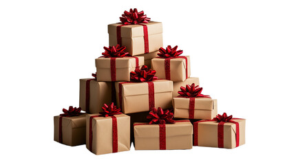 Fototapeta premium Pile of gift boxes in craft paper and with red bows close up, created with Generative AI technology, PNG