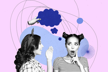 Composite trend artwork sketch image collage of monochrome two lady friends pinup style hairdo talk speech cloud gossip rumors omg news