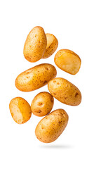 Obraz premium Floating roasted potatoes, isolated on white background.