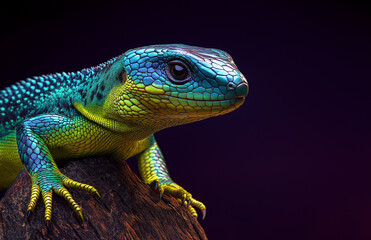 Fototapeta premium Photograph of a green and blue lizard, with a yellow belly and black eyes