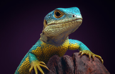 Photograph of a green and blue lizard, with a yellow belly and black eyes