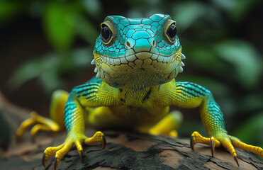 Obraz premium Photograph of a green and blue lizard, with a yellow belly and black eyes