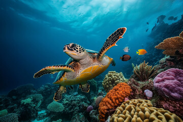 A sea turtle glides gracefully above the vibrant coral reef, surrounded by colorful fish and marine life