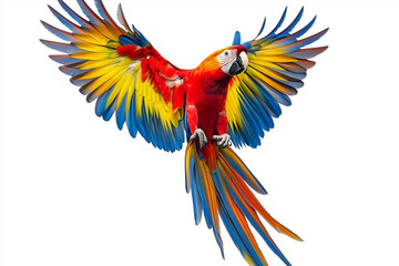 Obraz premium Red macaw parrot flying, full body view, white background, hyper realictic photo, high detail, bright colors