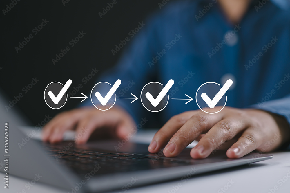 Aufkleber Checklist Steps, Rating Selection for QA Quality Assurance improvement. Standardization, certification. Online survey questionnaire with progress bar for compliance with regulations service standards.