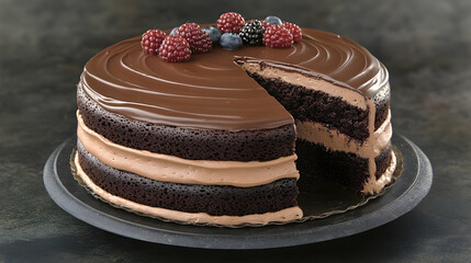 Chocolate Cake with Chocolate Frosting and Berries, raspberry, blueberry, blackberry, dessert, sweet