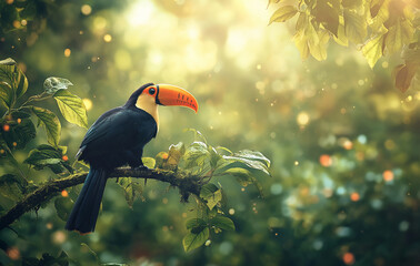Photograph of a toucan perched on a branch in the jungle of Costa Rica. The bird has a black body with a yellow chest and a red beak. In the background are green trees and a blurred landscape © 수동 김