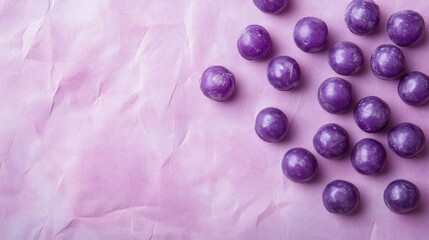 A flat lay of violet candies on textured paper, evoking a sense of nostalgia and sweetness. Great for promotional text.