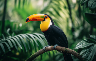 Naklejka premium Photograph of a toucan perched on a branch in the jungle of Costa Rica. The bird has a black body with a yellow chest and a red beak. In the background are green trees and a blurred landscape