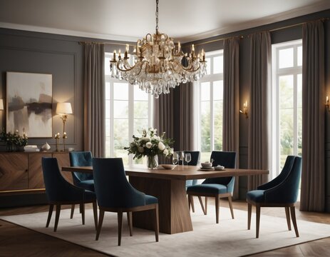 a high-quality 3D render of an elegant dining area, emphasizing sophistication and comfort. Incorporate a stylish dining table, comfortable chairs, and a statement chandelier.