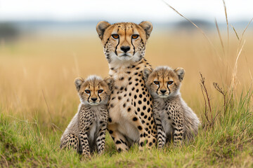 Obraz premium A mother cheetah and her cubs sitting on the grassland in their natural habitat, looking at the camera