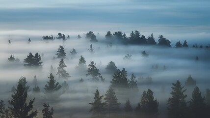 Fototapeta premium dense fog pine forest early morning trees mist eerie dreamlike atmosphere landscape