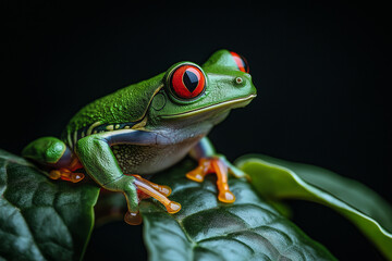 Naklejka premium Close-up of a red-eyed tree frog on a tropical plant leaf