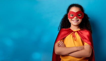 Niña de pelo rizado valiente y con súperpoderes. Vestida de súper héroe con capa.